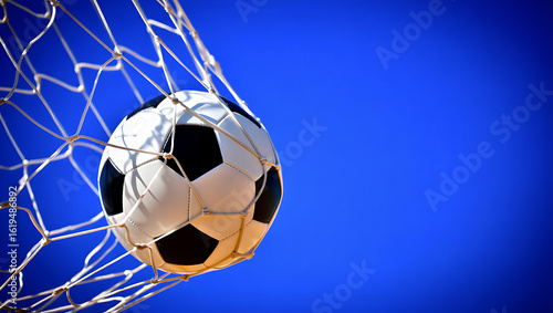 soccer ball on goal with net background, football player shoot a leather foot ball for make a score, geneative ai