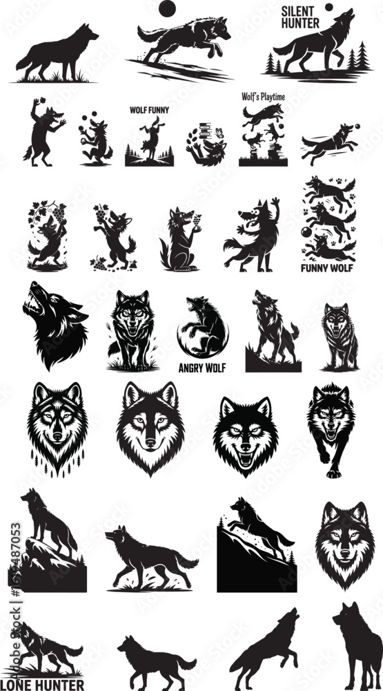 Fototapeta premium Black Bear Silhouette Vector from Multiple Angles – Minimal Wildlife Illustration
