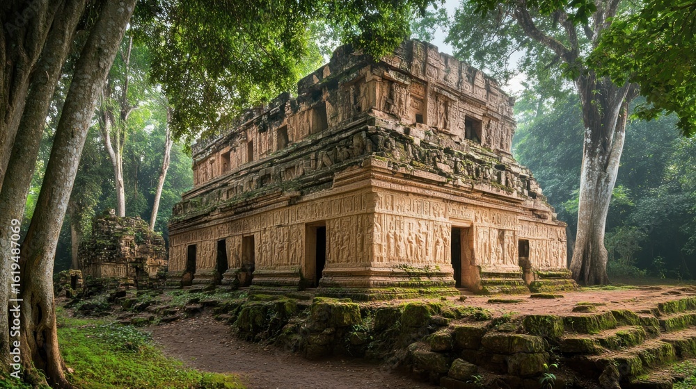 Fototapeta premium Ancient stone temple ruins nestled in a lush, green jungle. Detailed carvings adorn the weathered facade of the structure, while the surrounding forest provides a tranquil atmosphere..