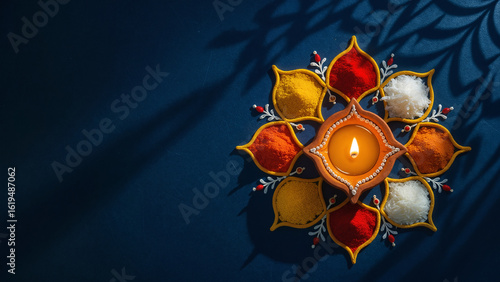 single diya on spice-based rangoli pattern