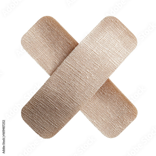Two light beige adhesive bandages crossed in an X shape.  Close-up view