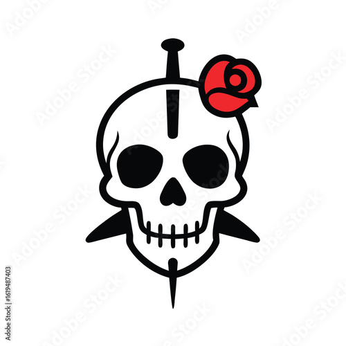 Tattoo style skull with rose dagger piercing classic tattoo design for gothic and dark art lovers