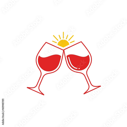 Two red wine glasses clinking with a sunburst behind them drink beverage Vector illustration of