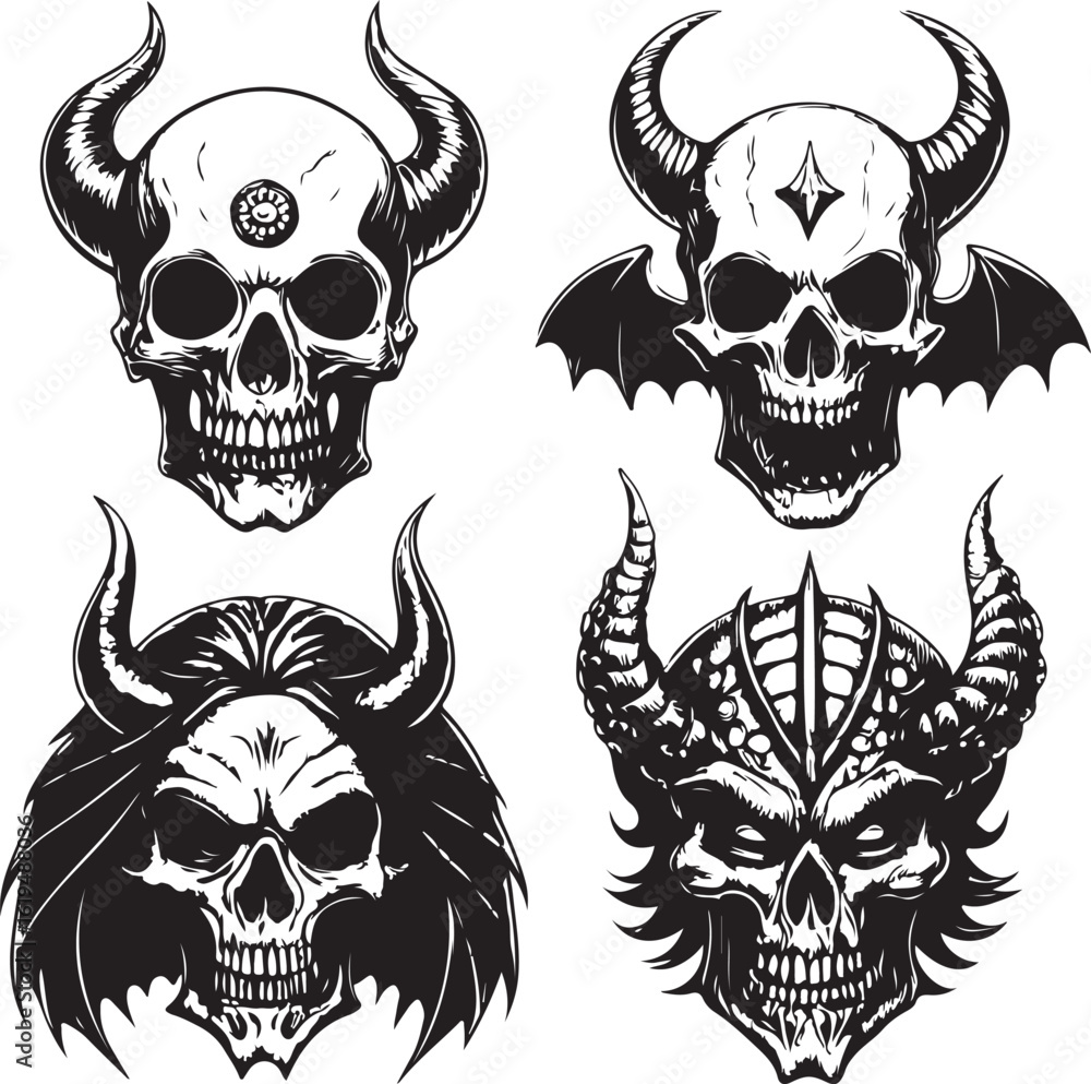 Fototapeta premium Horror Halloween Skull and Witchcraft Elements Vector Illustration Set