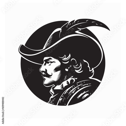 Musketeer head logo design with hat and feather in classic vintage emblem style