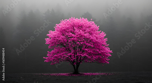 Vibrant magenta blossom stands alone against a misty forest backdrop creating a striking contrast