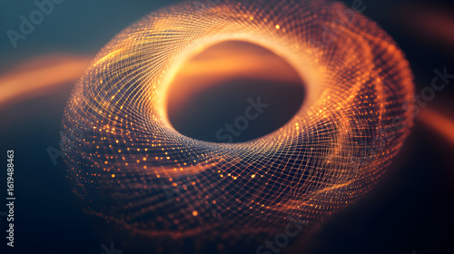 Abstract Torus Design with Glowing Particles and Grid Structure in Warm Tones