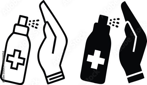 Antiseptic Icons. Black and White Vector Illustrations. Man Disinfecting Hands With Antiseptic. Cleanliness, Medicine. Hygiene Concept
