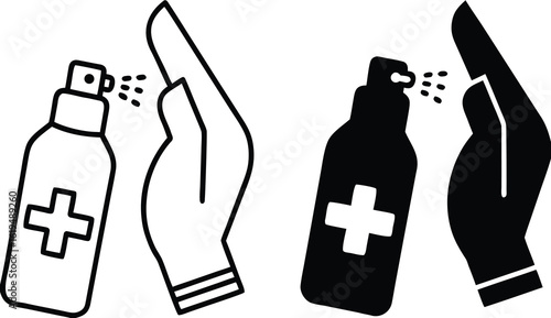 Antiseptic Icons. Black and White Vector Illustrations. Man Disinfecting Hands With Antiseptic. Cleanliness, Medicine. Hygiene Concept
