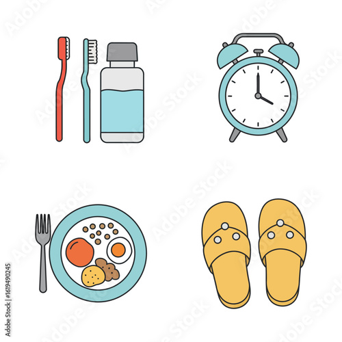 Daily Routine Icons Morning Hygiene Breakfast and Relaxation