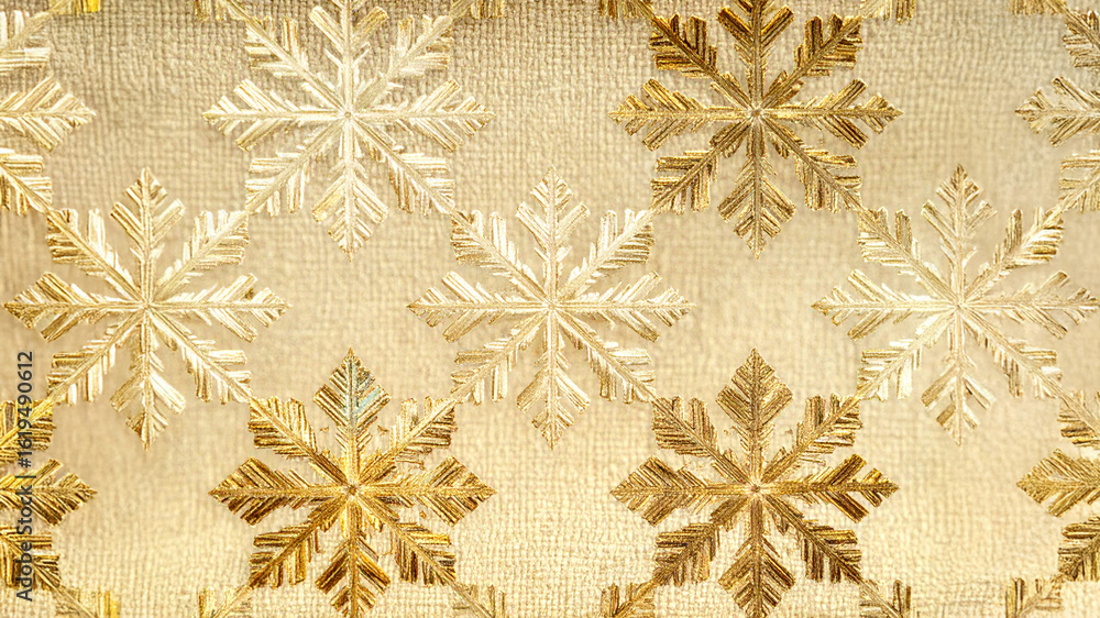 A macro, top-down shot of a gold-toned fabric featuring an intricate, repeating pattern of elegant gold-embroidered snowflakes, creating a luxurious and festive holiday background. A macro, top-down shot of a gold-toned fabric featuring an intricate, repeating pattern of elegant gold-embroidered snowflakes, creating a luxurious and festive holiday background.