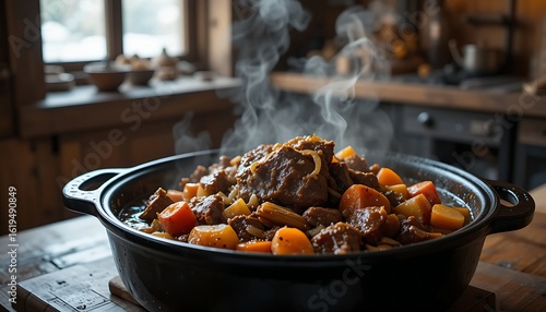 slow-cooked pot roast with tender chunks of beef, carrots, onions, and potatoes in a rich gravy, served in a cast iron Dutch oven. Soft, natural window light from the side. 