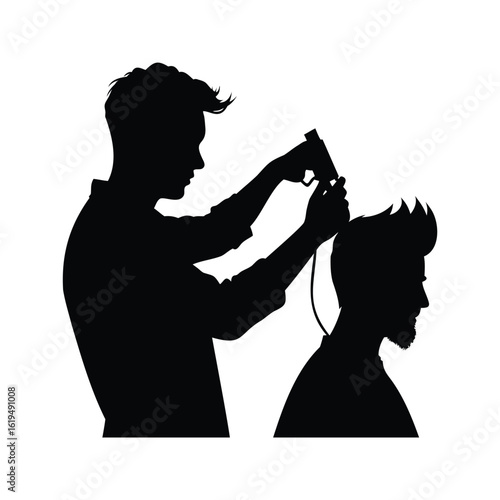 Silhouette illustration of a barber giving a haircut to a client with clippers