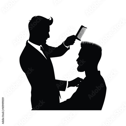 Silhouette of a Barber Giving a Haircut to a Male Client