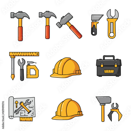 Construction Tools and Safety Equipment Icons Set