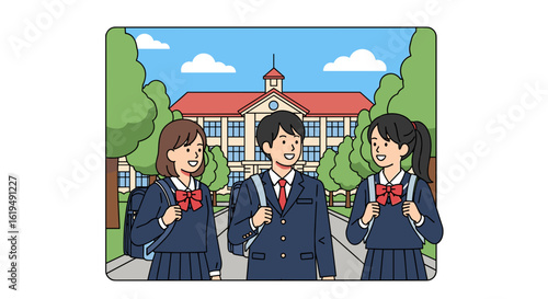 School life and Education: Three cheerful students with backpacks stroll in front of the impressive school. Capturing the essence of student life and educational environment