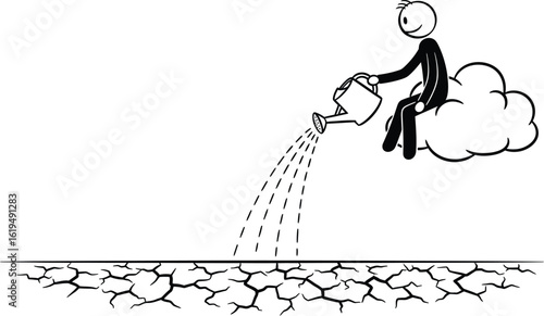 Stick figure watering dry land from cloud concept illustration