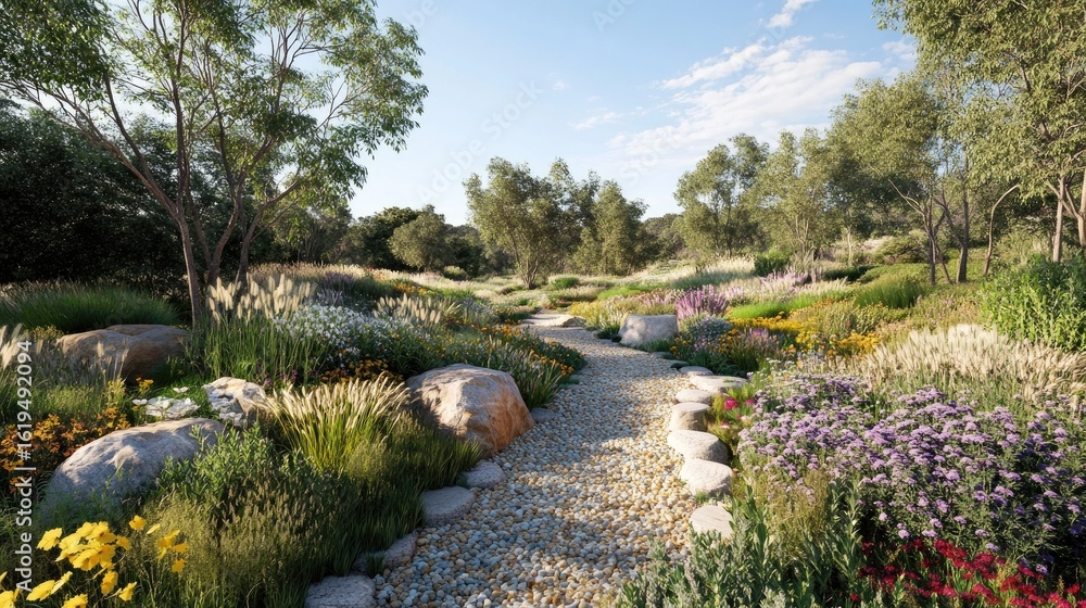 Obraz premium Serene Garden Path: A Visual Journey Through Blooming Meadows and Pebble Trails