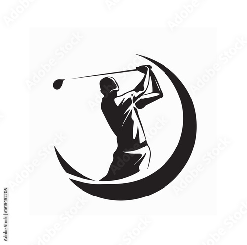 Golf player in mid swing pose silhouette logo design for athletic brand identity
