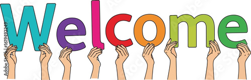 Welcome banner with hands holding colorful welcome letters art