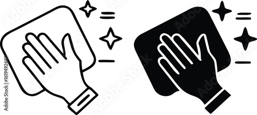 Clean Icons. Black and White Vector Illustration. House Cleaning. Human Hand Wiping Dust With Rag. Hygiene Concept
