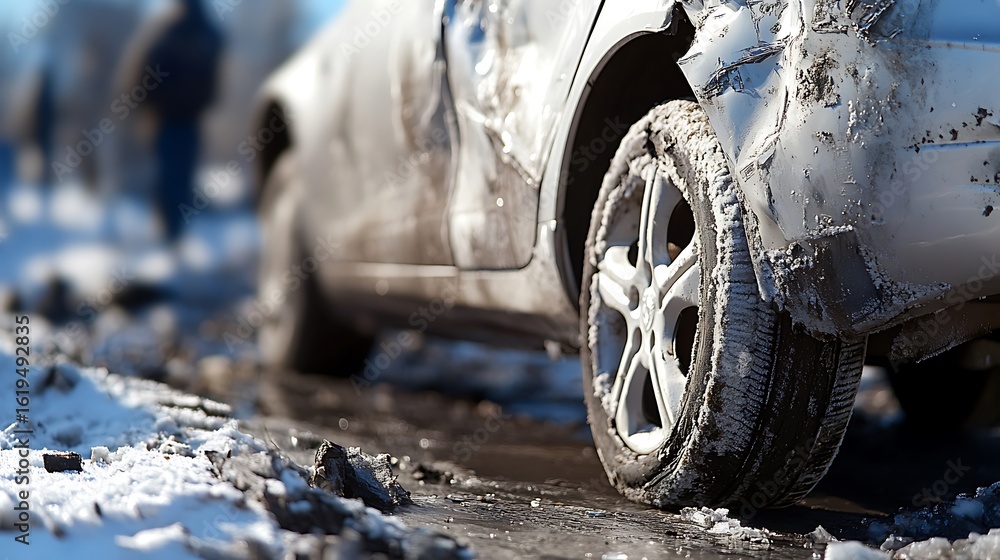 Fototapeta premium Damaged car's rear fender on snowy road.