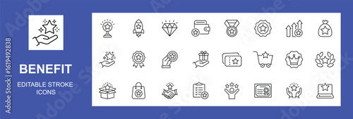 Benefit icon set. Reward related icons: bonus,  Reward, loyalty, star, employee benefit, winner, award, prize, incentive and more. Editable stroke. Vector illustration.

