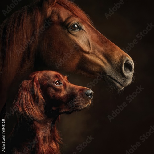 Profile portraits of two red animals arranged in layers: english horse and Irish setter dog. Soft natural lighting, sharp focus, clean dark brown background, artistic composition.