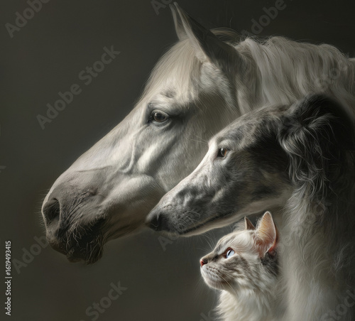 Profile portraits of three white animals arranged in layers: orlov trotter horse, russian borzoi dog and silver neva-masquerade cat. Soft natural lighting
