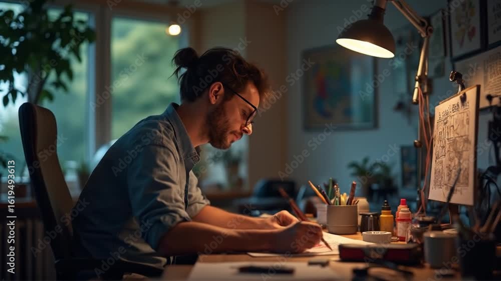 Artist Drawing at Desk Under Lamp, Creative Professional at Work Artist Drawing at Desk Under Lamp, Creative Professional at Work