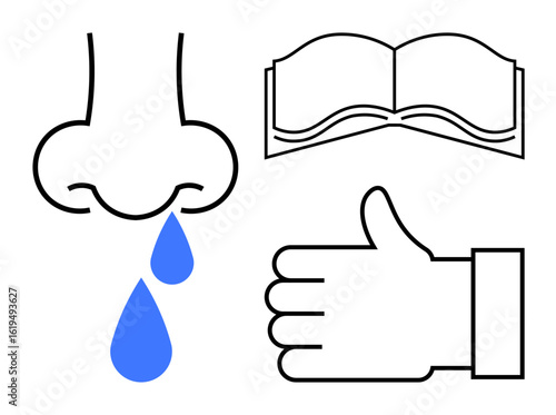 Nose with two blue droplets, open book, and thumbs-up gesture. Ideal for health, allergies, breathing, knowledge, approval, wellness and simple landing page