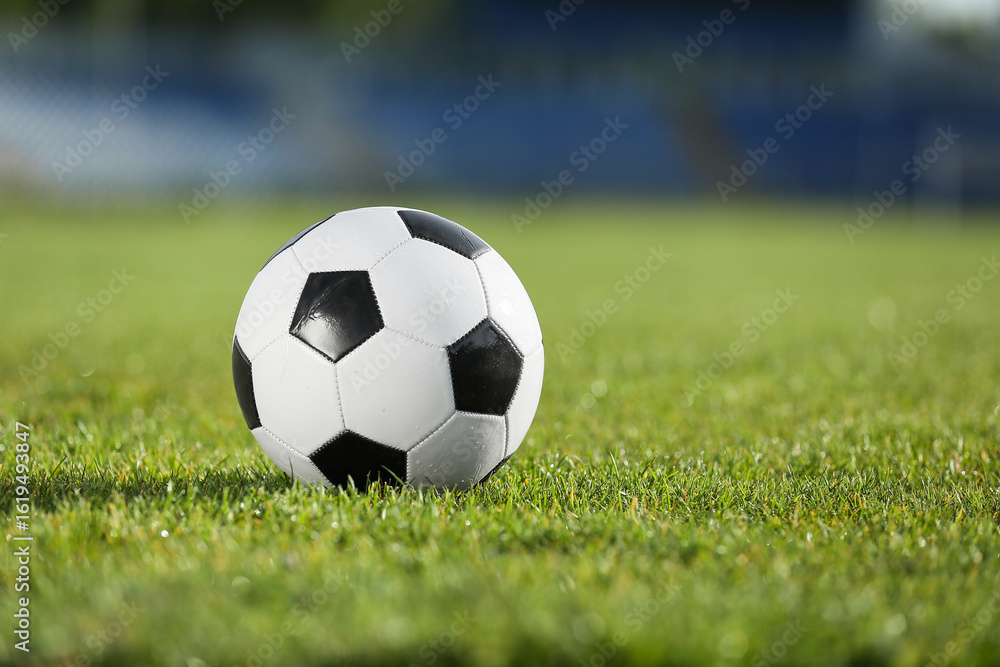 Fototapeta premium Soccer ball on green stadium grass, closeup