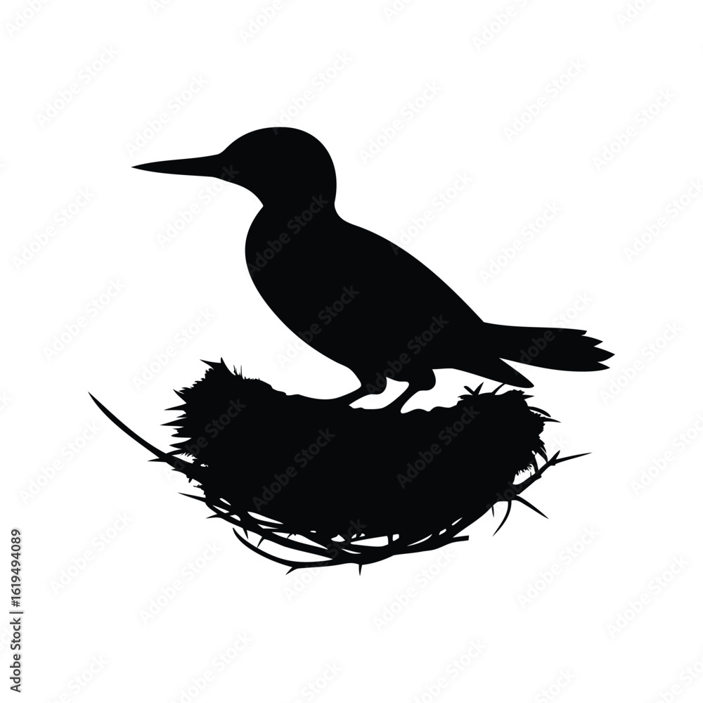 Fototapeta premium Silhouette of a bird perched atop its intricate nest on white background