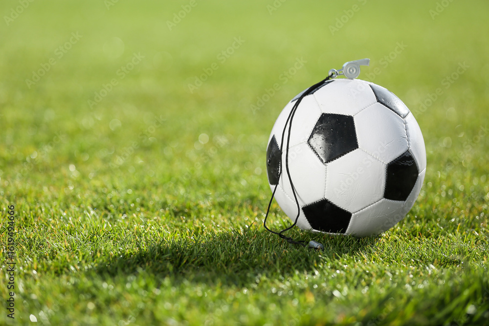 Fototapeta premium Soccer ball and whistle on green stadium grass
