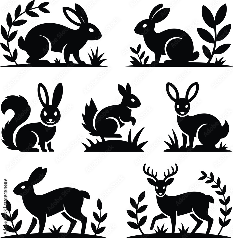 Obraz premium Black Silhouette Animals Collection With Rabbits Squirrel And Deer wildlife nature