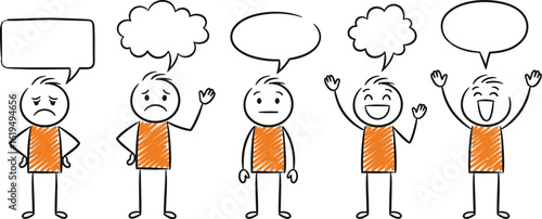 Stick figures expressing different emotions with speech bubbles