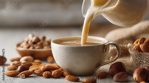 Almond milk pouring into coffee with fresh nuts, a natural and healthy alternative to dairy