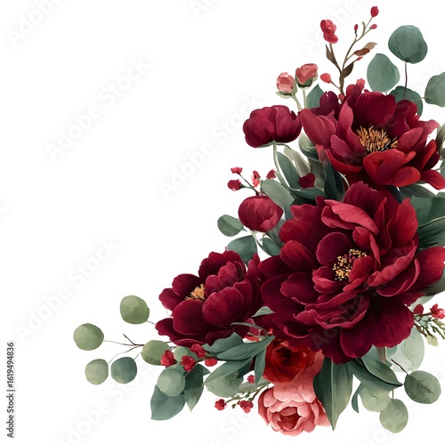 Watercolor floral bouquet, dark red peonies and eucalyptus leaves on a white background, wedding clipart isolated 