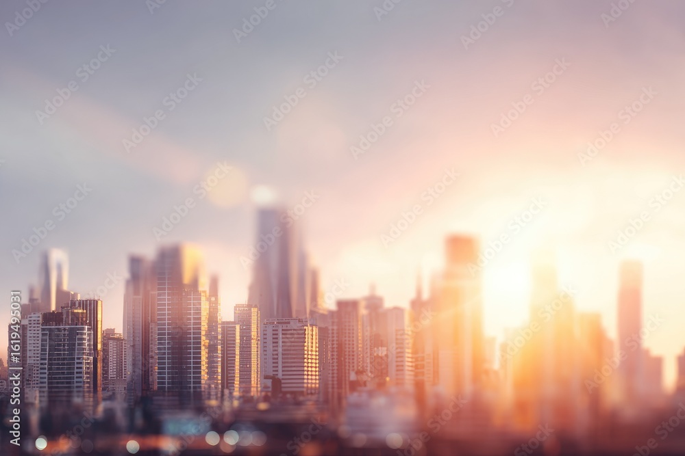 Fototapeta premium Blurry cityscape at sunset, warm tones