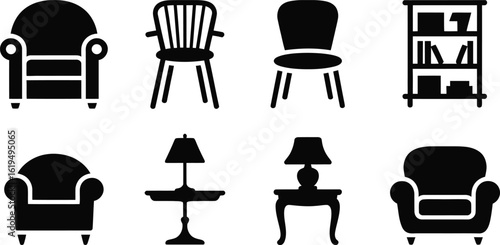 Eight black furniture icons including chairs armchairs tables and bookshelf dining chair