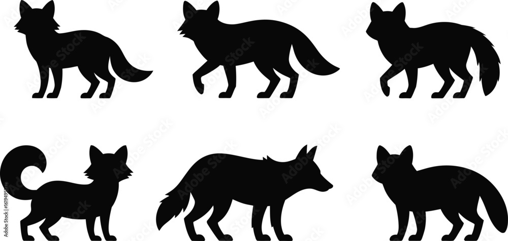 Fototapeta premium Set of Six Black Fox Silhouettes in Various Poses animal wildlife