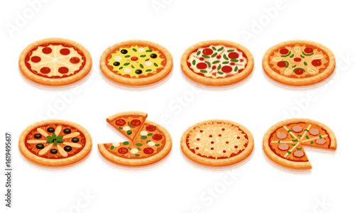Modern vector illustration featuring two horizontal rows of pizzas on a solid white background,  pepperoni, vegetables, cheese, olives, and mixed meats, tomatoes, easily editable and scalable.