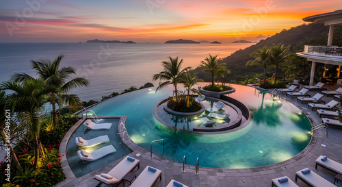 Serene coastal paradise luxurious hotel with a breathtaking infinity pool at sunset tropical escape