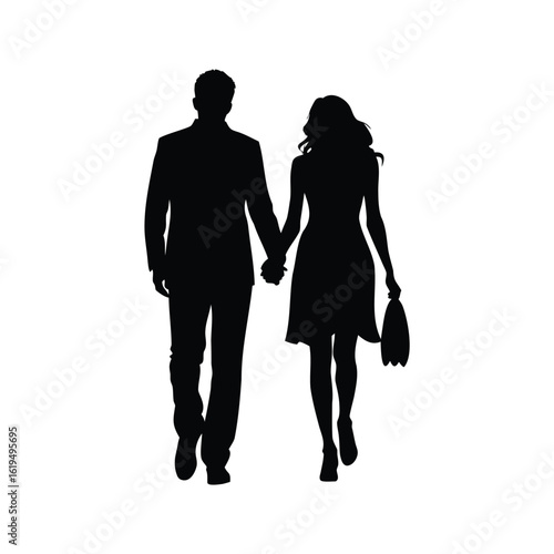 Silhouette of a man and woman holding hands, walking together in black