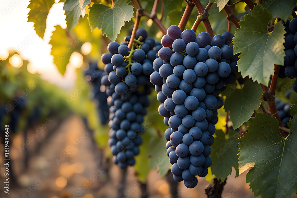 Fototapeta premium Vineyard with ripe grapes at sunset ,Bunch of Black Wine grape over green natural vineyard garden background, Kyoho Grape with leaves in blur background. generative ai 