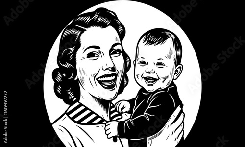 Vintage tarz mein Maa aur Bachay ki Muskurahat: Ye tasveer Mother's Day cards, parenting blogs, bachon ki masnooat (products) ke ishtiharat, ya khush o khurram khandan ko zahir karne wale mawad (conte