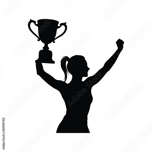 Silhouette of a woman holding a trophy in triumph, symbolizing success