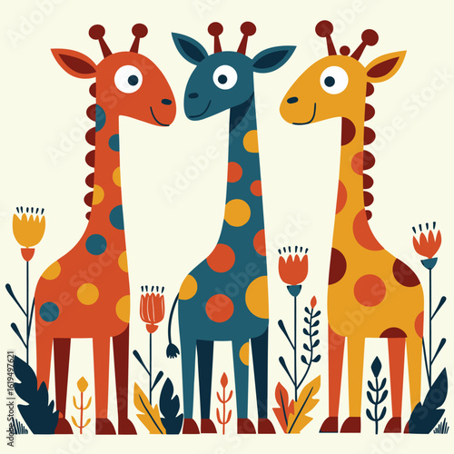 Stylized Giraffes in Flat Vector Design, Playful Color Palette 
