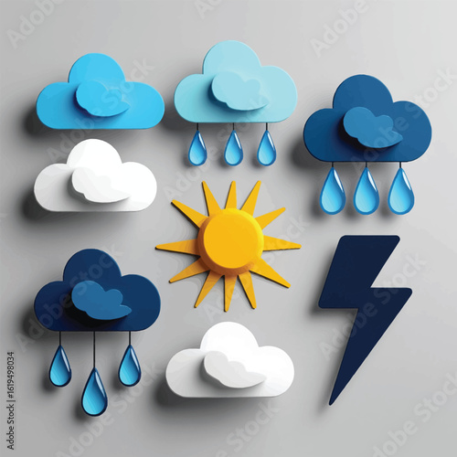 Colorful papercraft weather vector icon set 3D paper art symbols of sun clouds rain and lightning for a cute forecast design