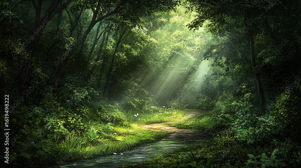 Fototapeta premium Serene forest scene with a gentle stream flowing through lush greenery and tall trees